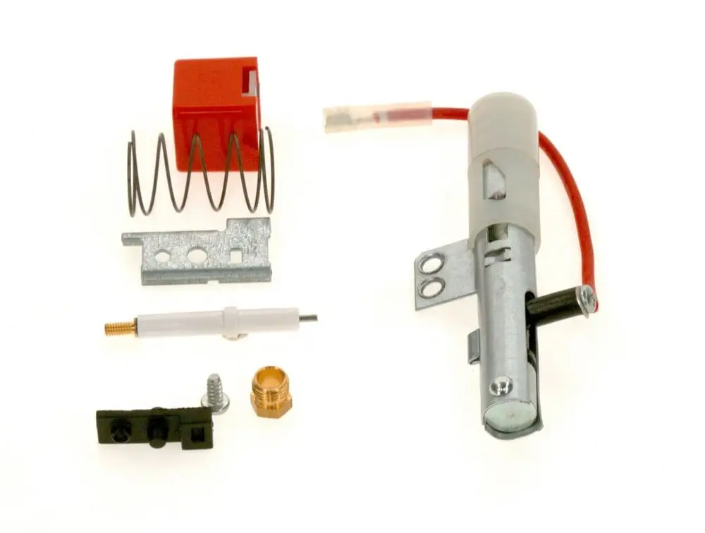 BOSCH Piezozünder bestehend aus verschiedenen Komponenten wie Motor, Feder, Verbindungsstück und elektrischen Anschluss in einer Anordnung auf hellem Hintergrund.